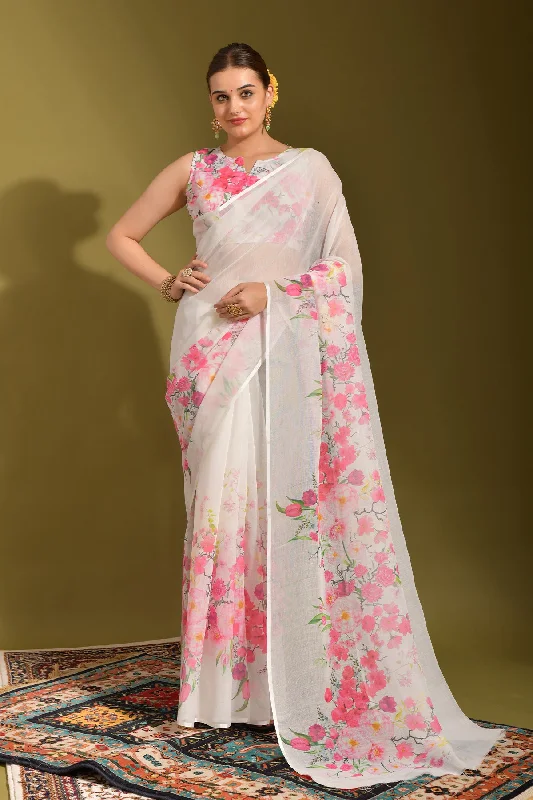 Women Party Wear Printed Linen Saree With Un Stitched Blouse Bell Sleeve Blouse