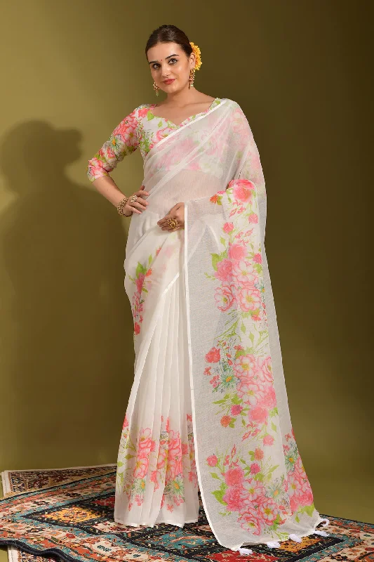 Women Party Wear Printed Linen Saree With Un Stitched Blouse Vintage Polka Blouse