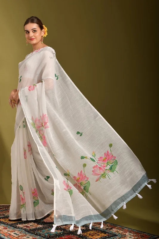 Women Party Wear Printed Linen Saree With Un Stitched Blouse Cotton Casual Blouse