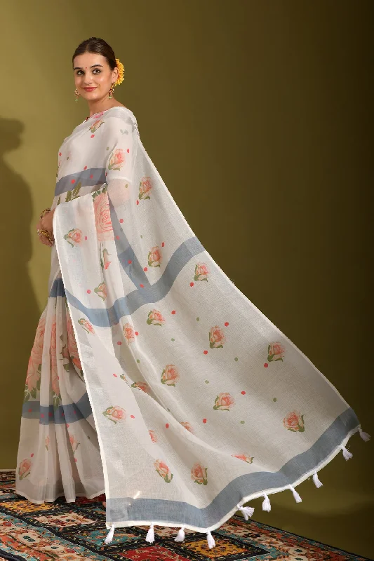 Women Party Wear Printed Linen Saree With Un Stitched Blouse Slim Fit Blouse