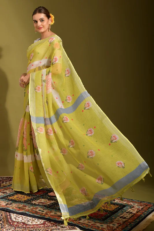Women Party Wear Printed Linen Saree With Un Stitched Blouse Pleated Collar Blouse