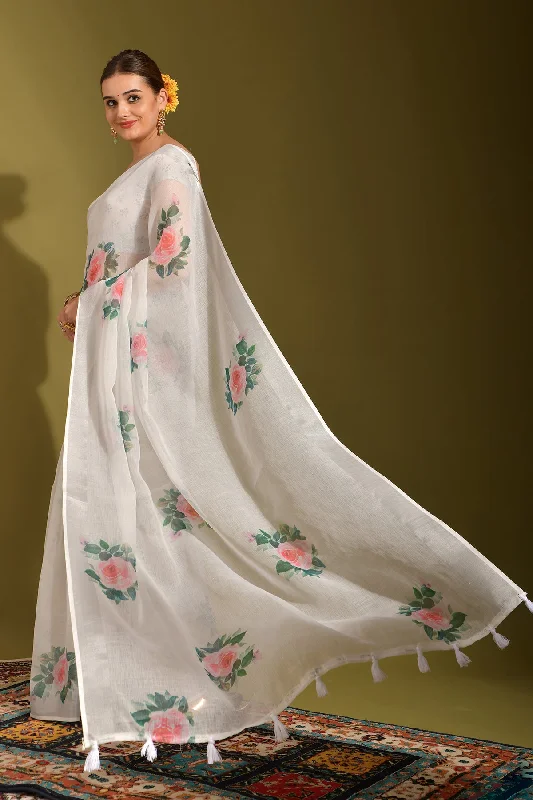 Women Party Wear Printed Linen Saree With Un Stitched Blouse Drape Neck Blouse