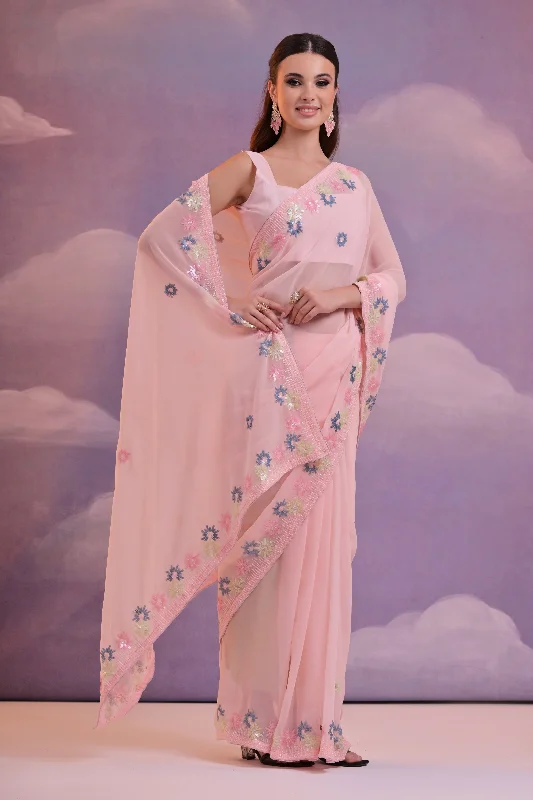 Women Party Wear Sequence Embroidery Worked Georgette Saree With Un Stitched Blouse Wrap Front Blouse Women Party Wear Sequence Embroidery Worked Georgette Saree With Un Stitched Blouse Wrap Front Blouse