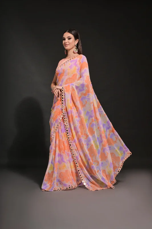 Women Party Wear Prizm Printed Georgette Saree With Un Stitched Blouse Bell Sleeve Blouse Women Party Wear Prizm Printed Georgette Saree With Un Stitched Blouse Bell Sleeve Blouse