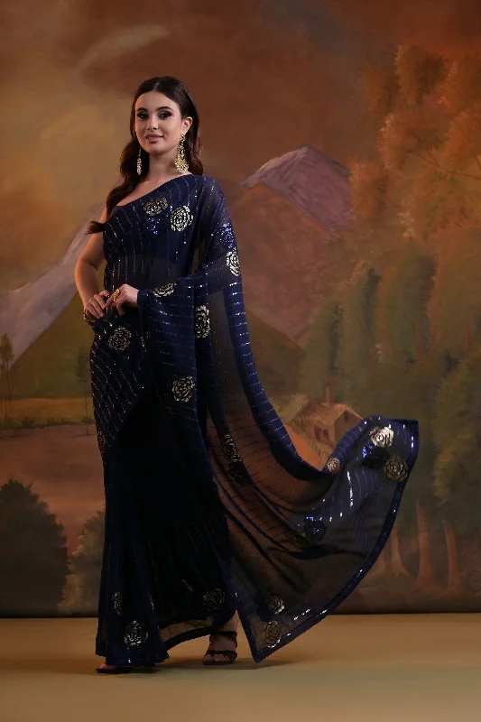 Women Party Wear Sequence Embroidery Worked Georgette Saree With Un Stitched Blouse Pleated Collar Blouse Women Party Wear Sequence Embroidery Worked Georgette Saree With Un Stitched Blouse Pleated Collar Blouse