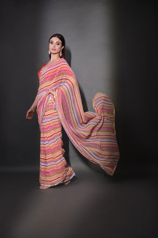 Women Party Wear Laheria Print Georgette Saree With Un Stitched Blouse Vintage Lace Blouse Women Party Wear Laheria Print Georgette Saree With Un Stitched Blouse Vintage Lace Blouse