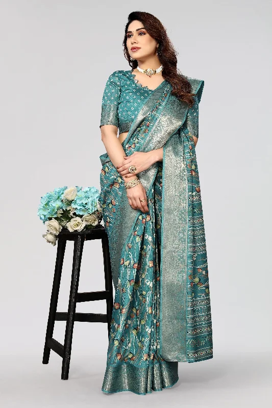 Women Casual Wear Printed Dhola Silk Saree With Un Stitched Blouse Elegant Lace Blouse Women Casual Wear Printed Dhola Silk Saree With Un Stitched Blouse Elegant Lace Blouse