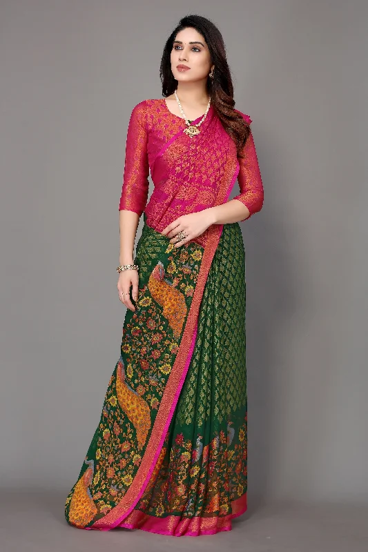 Women Party Wear Printed Brasso Chiffon Saree With Un Stitched Blouse Pleated Collar Blouse Women Party Wear Printed Brasso Chiffon Saree With Un Stitched Blouse Pleated Collar Blouse