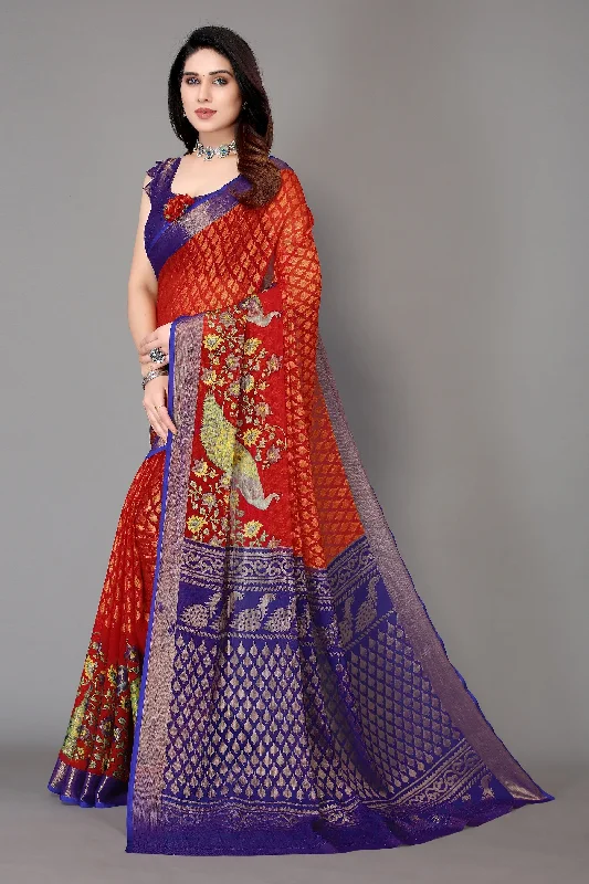 Women Party Wear Printed Brasso Chiffon Saree With Un Stitched Blouse Casual Relaxed Fit Blouse Women Party Wear Printed Brasso Chiffon Saree With Un Stitched Blouse Casual Relaxed Fit Blouse