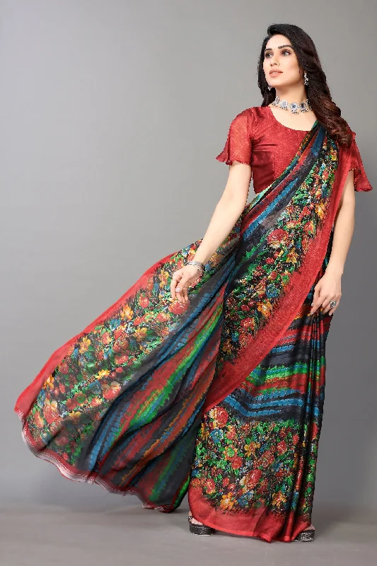 Women Party Wear Printed Chiffon Silk Saree With Un Stitched Blouse Wrap Front Blouse