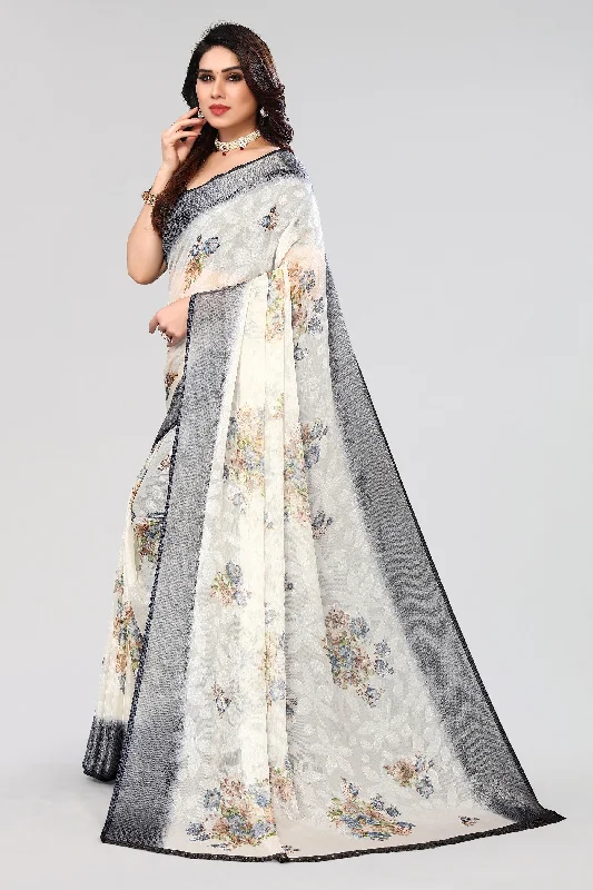 Women Party Wear Printed Brasso Chiffon Saree With Un Stitched Blouse Gathered Detail Blouse Women Party Wear Printed Brasso Chiffon Saree With Un Stitched Blouse Gathered Detail Blouse