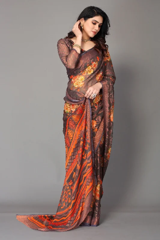 Women Party Wear Printed Brasso Chiffon Saree With Un Stitched Blouse Elegant Peplum Blouse Women Party Wear Printed Brasso Chiffon Saree With Un Stitched Blouse Elegant Peplum Blouse