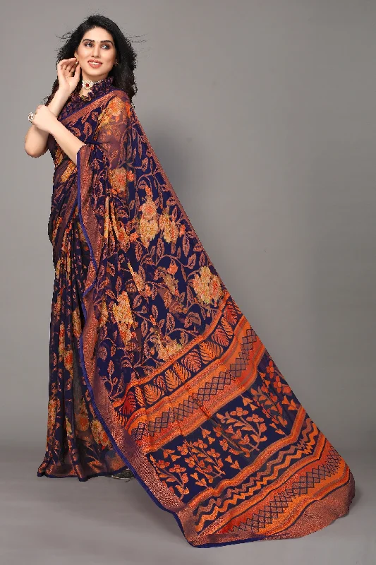 Women Party Wear Printed Brasso Chiffon Saree With Un Stitched Blouse Ruched Sleeve Blouse Women Party Wear Printed Brasso Chiffon Saree With Un Stitched Blouse Ruched Sleeve Blouse