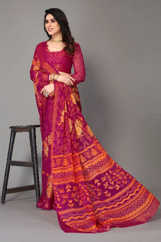 Women Party Wear Printed Brasso Chiffon Saree With Un Stitched Blouse Soft Knit Blouse Women Party Wear Printed Brasso Chiffon Saree With Un Stitched Blouse Soft Knit Blouse