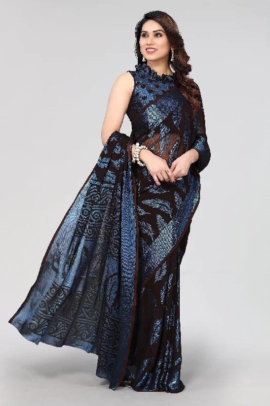 Women Party Wear Printed Brasso Chiffon Saree With Un Stitched Blouse Off-Shoulder Wrap Blouse Women Party Wear Printed Brasso Chiffon Saree With Un Stitched Blouse Off-Shoulder Wrap Blouse