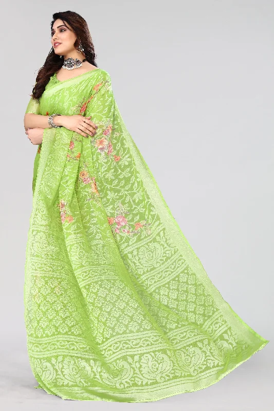 Women Party Wear Printed Brasso Chiffon Saree With Un Stitched Blouse Off-Shoulder Wrap Blouse Women Party Wear Printed Brasso Chiffon Saree With Un Stitched Blouse Off-Shoulder Wrap Blouse