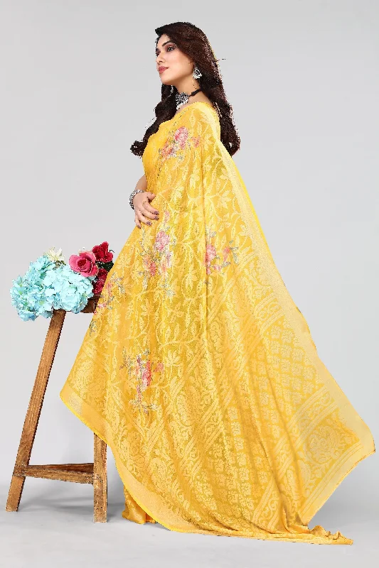 Women Party Wear Printed Brasso Chiffon Saree With Un Stitched Blouse Classic Minimalist Blouse Women Party Wear Printed Brasso Chiffon Saree With Un Stitched Blouse Classic Minimalist Blouse
