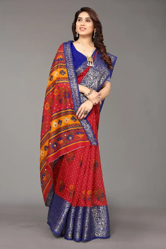 Women Party Wear Bandhani Style Banarasi Silk Saree With Un Stitched Blouse High Neck Blouse Women Party Wear Bandhani Style Banarasi Silk Saree With Un Stitched Blouse High Neck Blouse