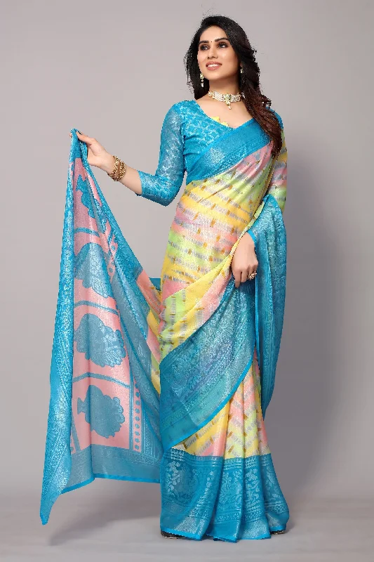 Women Party Wear Printed Brasso Chiffon Saree With Un Stitched Blouse Asymmetric Hem Blouse