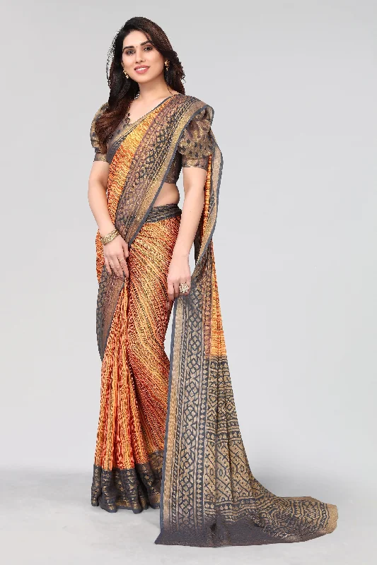 Women Party Wear Printed Brasso Chiffon Saree With Un Stitched Blouse Asymmetric Hem Blouse
