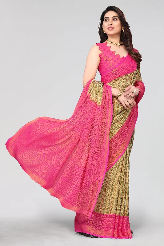 Women Party Wear Printed Brasso Chiffon Saree With Un Stitched Blouse Polished Work Blouse