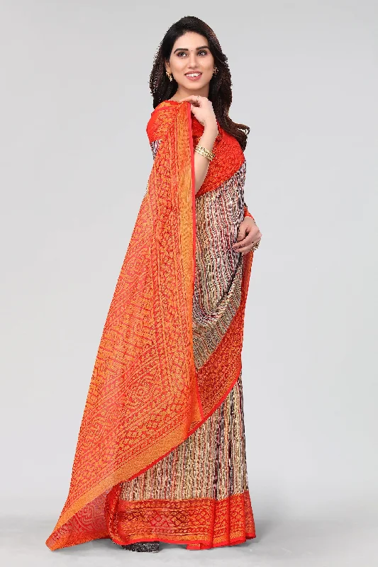 Women Party Wear Printed Brasso Chiffon Saree With Un Stitched Blouse Frilled Cuff Blouse Women Party Wear Printed Brasso Chiffon Saree With Un Stitched Blouse Frilled Cuff Blouse