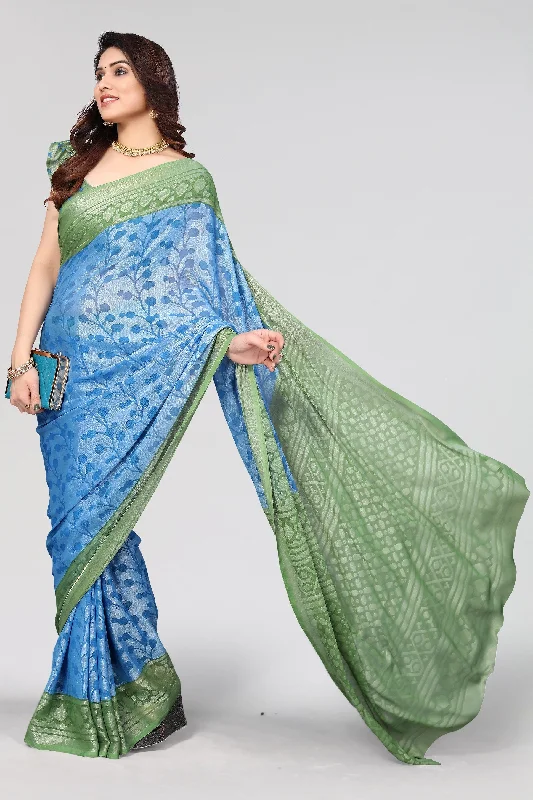Women Party Wear Printed Brasso Chiffon Saree With Un Stitched Blouse Feminine Puff Blouse Women Party Wear Printed Brasso Chiffon Saree With Un Stitched Blouse Feminine Puff Blouse