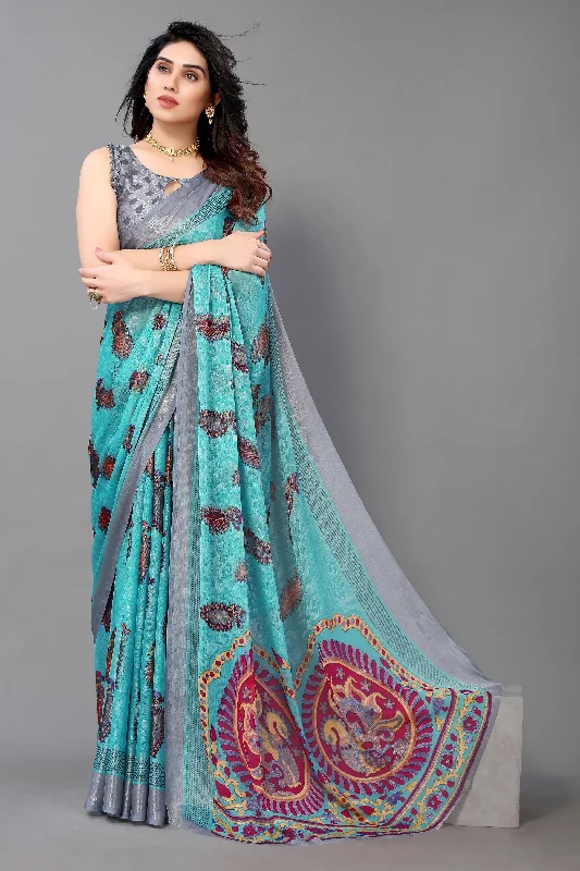 Women Party Wear Printed Brasso Chiffon Saree With Un Stitched Blouse Satin Drape Blouse