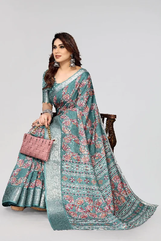 Women Casual Wear Printed Dhola Silk Saree With Un Stitched Blouse Chic Ruffle Blouse Women Casual Wear Printed Dhola Silk Saree With Un Stitched Blouse Chic Ruffle Blouse