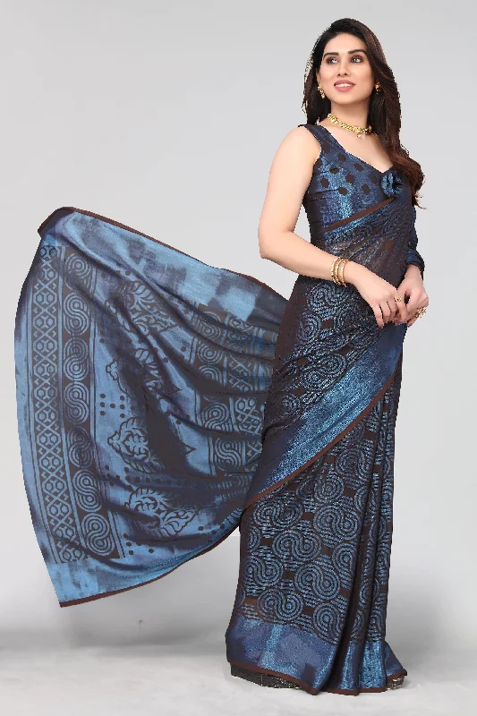 Women Party Wear Printed Brasso Chiffon Saree With Un Stitched Blouse Elegant Lace Blouse Women Party Wear Printed Brasso Chiffon Saree With Un Stitched Blouse Elegant Lace Blouse