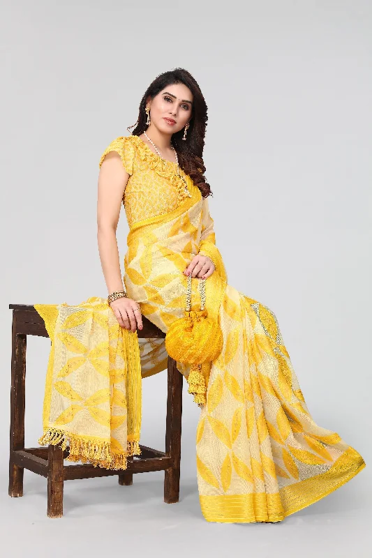 Women Party Wear Printed Brasso Chiffon Saree With Un Stitched Blouse Sheer Mesh Blouse Women Party Wear Printed Brasso Chiffon Saree With Un Stitched Blouse Sheer Mesh Blouse