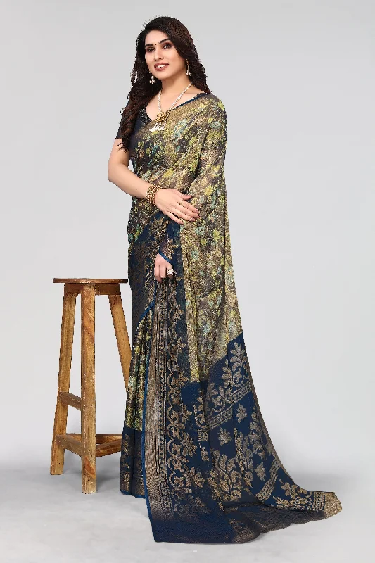 Women Party Wear Printed Brasso Chiffon Saree With Un Stitched Blouse Classic Striped Blouse Women Party Wear Printed Brasso Chiffon Saree With Un Stitched Blouse Classic Striped Blouse