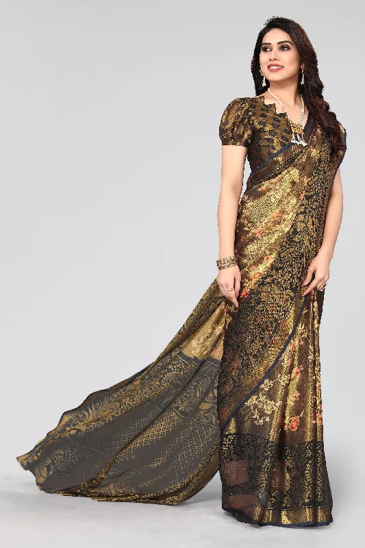Women Party Wear Printed Brasso Chiffon Saree With Un Stitched Blouse Pleated Collar Blouse Women Party Wear Printed Brasso Chiffon Saree With Un Stitched Blouse Pleated Collar Blouse