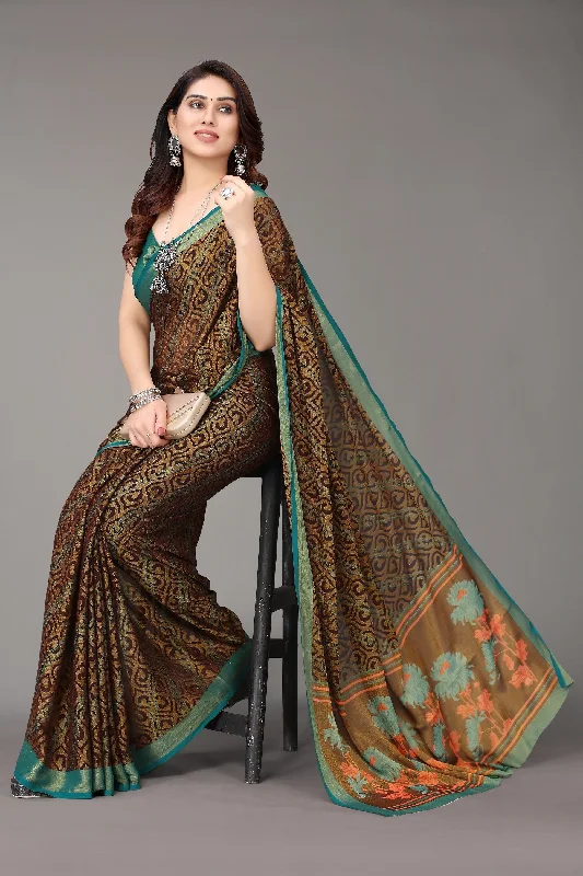 Women Party Wear Printed Brasso Chiffon Saree With Un Stitched Blouse Backless Summer Blouse Women Party Wear Printed Brasso Chiffon Saree With Un Stitched Blouse Backless Summer Blouse
