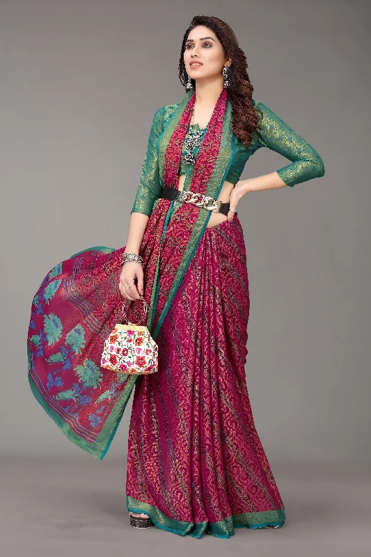 Women Party Wear Printed Brasso Chiffon Saree With Un Stitched Blouse Embellished Collar Blouse Women Party Wear Printed Brasso Chiffon Saree With Un Stitched Blouse Embellished Collar Blouse