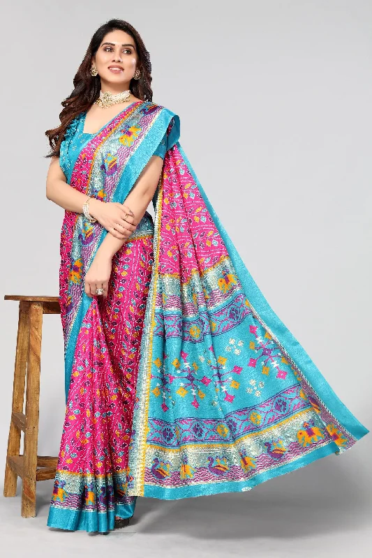 Women Casual Wear Printed Dhola Silk Saree With Un Stitched Blouse Ruffled Neck Blouse Women Casual Wear Printed Dhola Silk Saree With Un Stitched Blouse Ruffled Neck Blouse