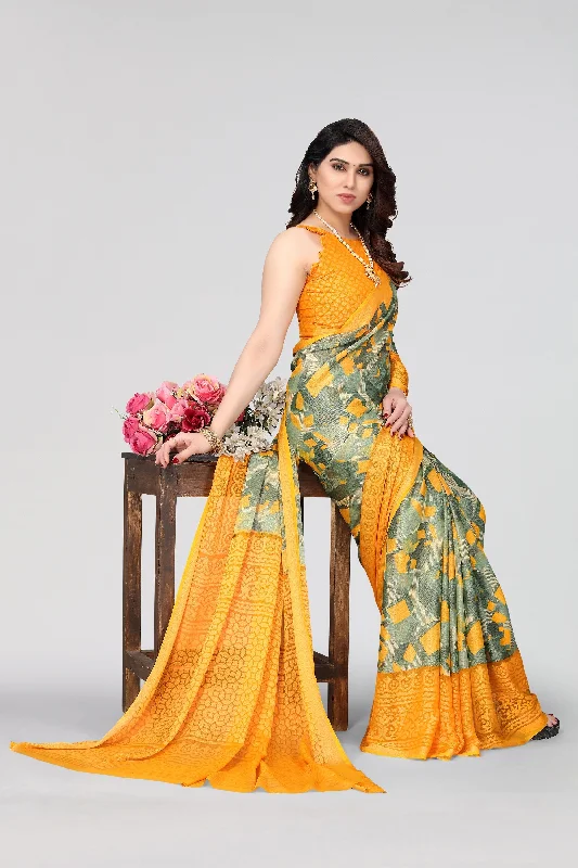 Women Party Wear Printed Brasso Chiffon Saree With Un Stitched Blouse Pastel Color Blouse Women Party Wear Printed Brasso Chiffon Saree With Un Stitched Blouse Pastel Color Blouse