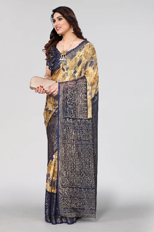 Women Party Wear Printed Brasso Chiffon Saree With Un Stitched Blouse Ruffled Neck Blouse Women Party Wear Printed Brasso Chiffon Saree With Un Stitched Blouse Ruffled Neck Blouse