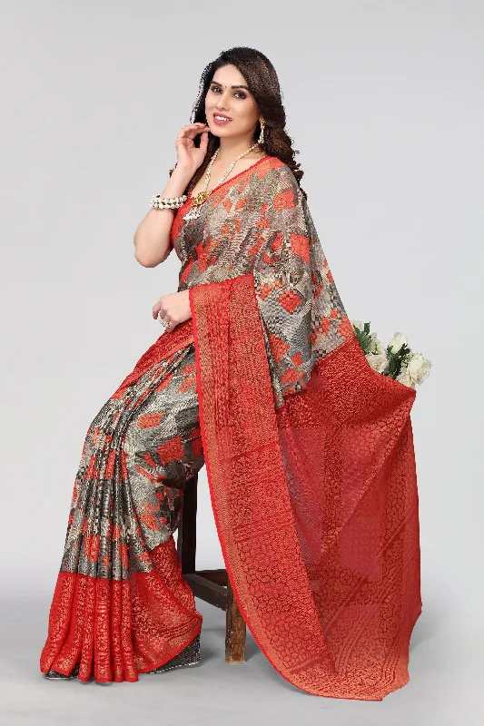 Women Party Wear Printed Brasso Chiffon Saree With Un Stitched Blouse Loose Fit Blouse Women Party Wear Printed Brasso Chiffon Saree With Un Stitched Blouse Loose Fit Blouse