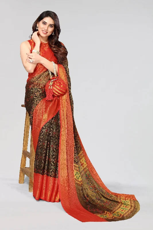 Women Party Wear Printed Brasso Chiffon Saree With Un Stitched Blouse Feminine Puff Blouse Women Party Wear Printed Brasso Chiffon Saree With Un Stitched Blouse Feminine Puff Blouse