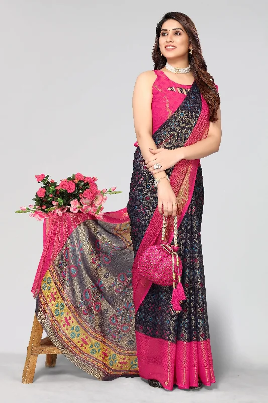 Women Party Wear Printed Brasso Chiffon Saree With Un Stitched Blouse High Neck Blouse Women Party Wear Printed Brasso Chiffon Saree With Un Stitched Blouse High Neck Blouse