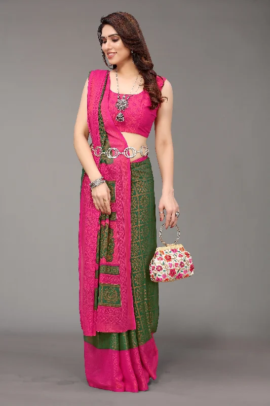 Women Party Wear Printed Brasso Chiffon Saree With Un Stitched Blouse Puff Sleeve Blouse Women Party Wear Printed Brasso Chiffon Saree With Un Stitched Blouse Puff Sleeve Blouse