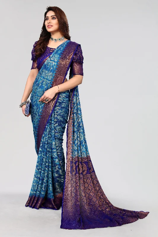Women Party Wear Printed Brasso Chiffon Saree With Un Stitched Blouse Vintage Lace Blouse Women Party Wear Printed Brasso Chiffon Saree With Un Stitched Blouse Vintage Lace Blouse