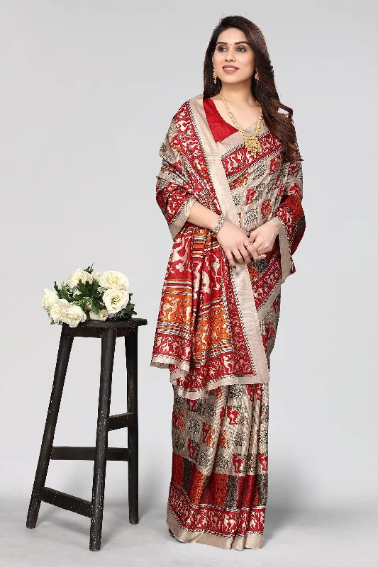 Women Casual Wear Printed Dhola Silk Saree With Un Stitched Blouse Vintage Lace Blouse Women Casual Wear Printed Dhola Silk Saree With Un Stitched Blouse Vintage Lace Blouse