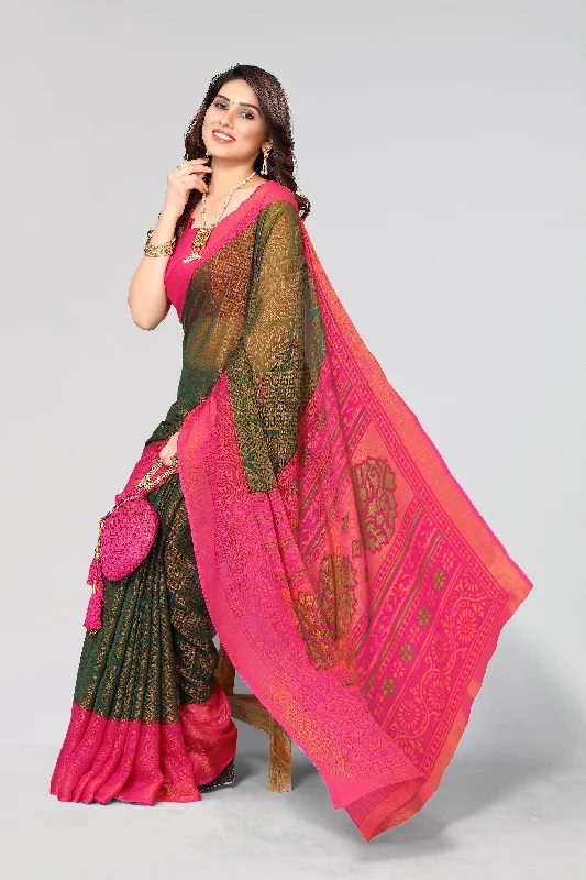 Women Party Wear Printed Brasso Chiffon Saree With Un Stitched Blouse Playful Puff Blouse Women Party Wear Printed Brasso Chiffon Saree With Un Stitched Blouse Playful Puff Blouse