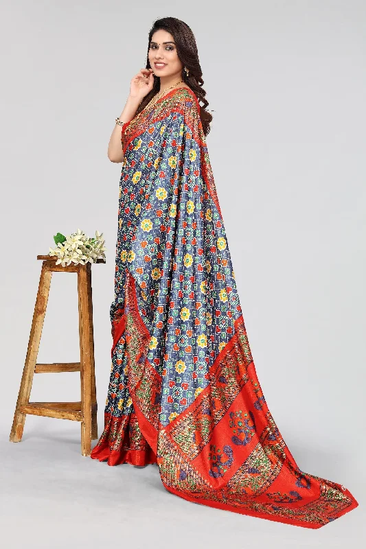 Women Casual Wear Printed Dhola Silk Saree With Un Stitched Blouse Playful Puff Blouse Women Casual Wear Printed Dhola Silk Saree With Un Stitched Blouse Playful Puff Blouse