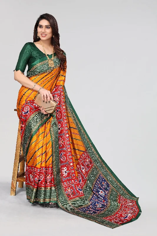 Women Casual Wear Printed Dhola Silk Saree With Un Stitched Blouse Side Tie Blouse
