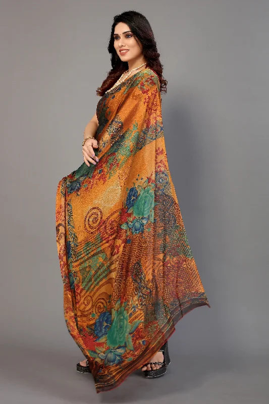 Women Party Wear Printed Chiffon Silk Saree With Un Stitched Blouse Playful Puff Blouse Women Party Wear Printed Chiffon Silk Saree With Un Stitched Blouse Playful Puff Blouse
