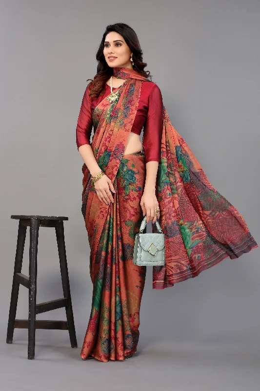 Women Party Wear Printed Chiffon Silk Saree With Un Stitched Blouse Elegant Office Blouse Women Party Wear Printed Chiffon Silk Saree With Un Stitched Blouse Elegant Office Blouse
