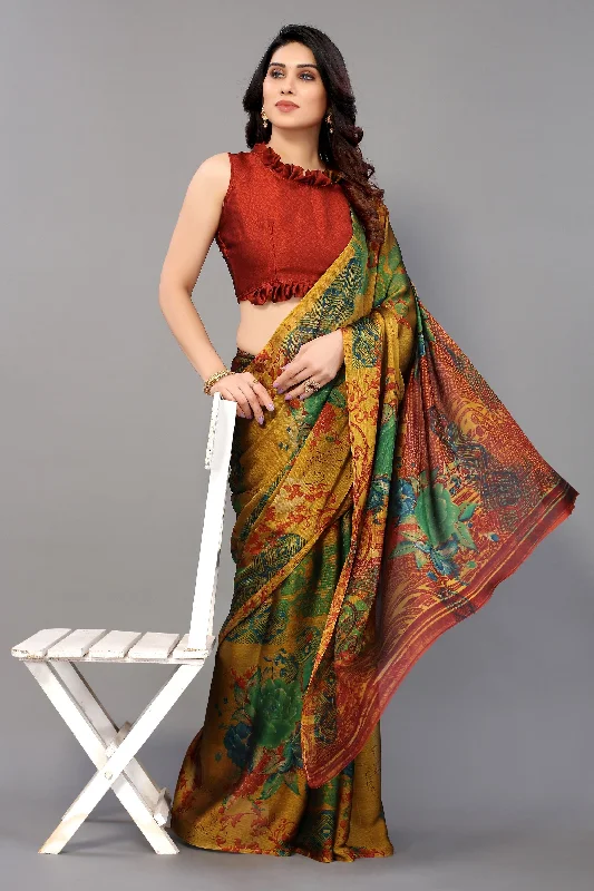 Women Party Wear Printed Chiffon Silk Saree With Un Stitched Blouse Elegant Lace Blouse